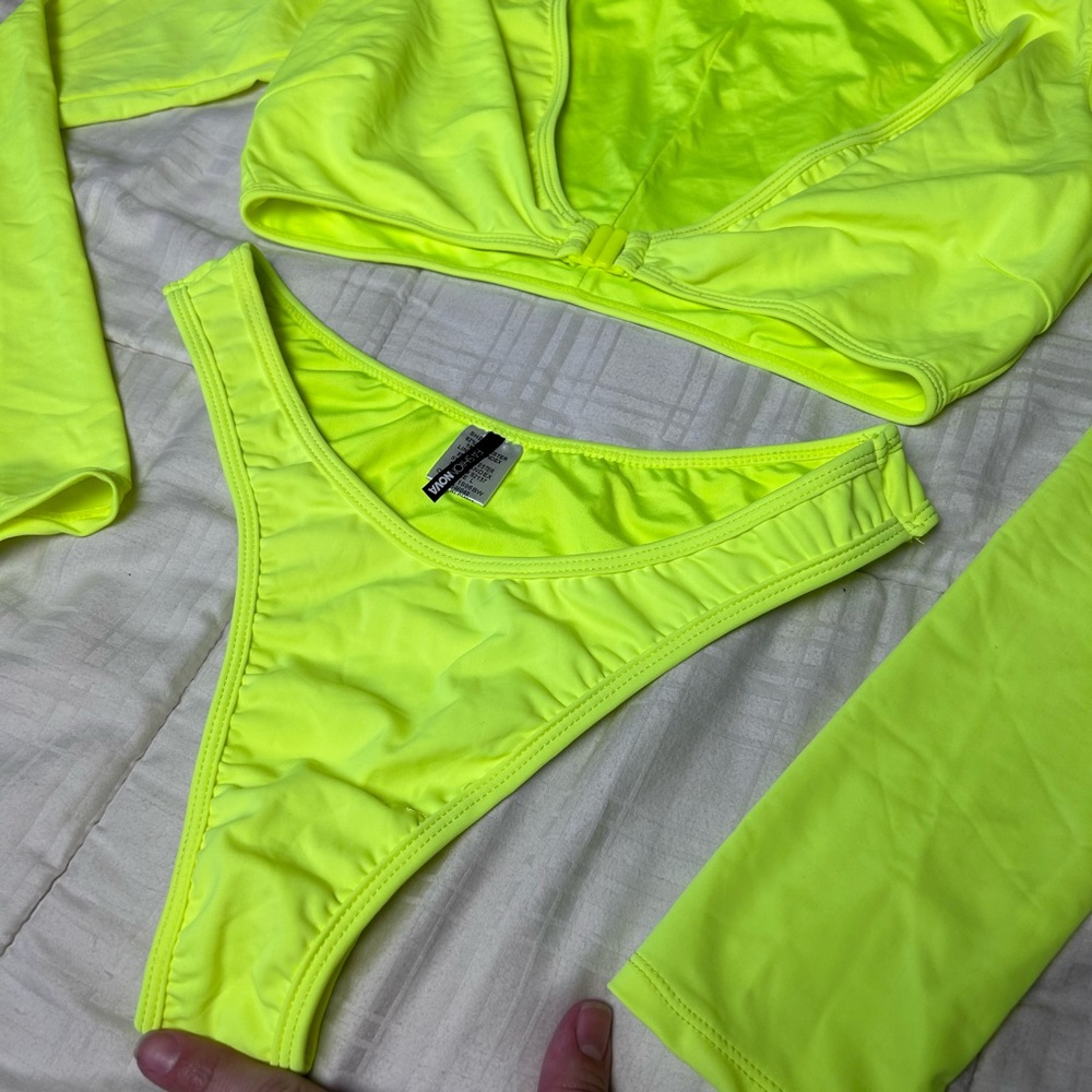 Fashion nova neon yellow two piece long sleeve thong swim suit never worn - Picture 2 of 5